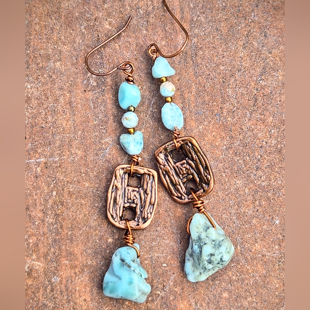 Atlantean Blue Larimar -For The Siren- In Rugged Primitive Drop Copper Earrings